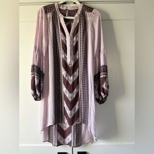 Free People Size S Light Mauve Boho Tunic Dress with Brown Chevron Detail